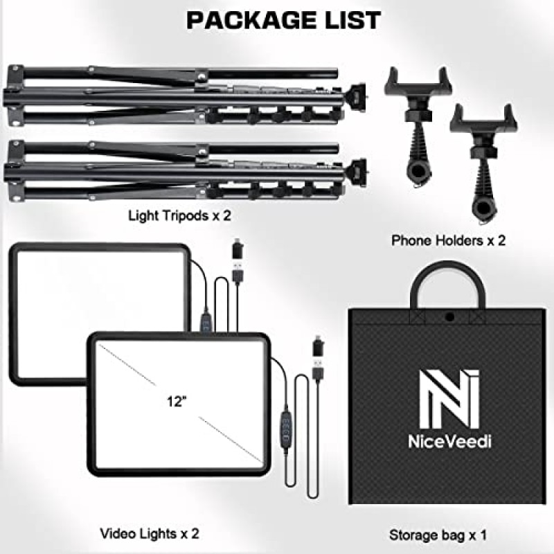 2팩 LED 비디오 조명 키트, NiceVeedi 스튜디오 조명, 삼각대 스탠드 및 스마트폰 홀더가 포함된 2800-6500K 조광 가능 사진 조명 키트, 비디오 녹화, 게임 스트리밍, YouTube용 73인치 스트림 조명