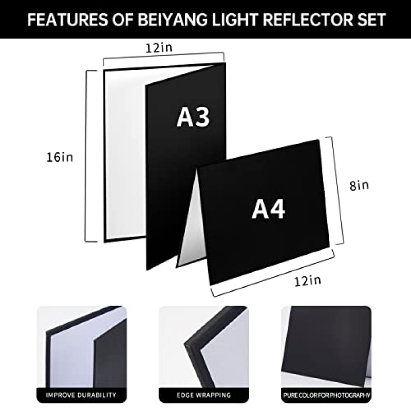 BEIYANG 2PCS 빛 반사판 사진 반사판 골판지, 양면 흰색 검정색 조명 반사판, A4 (12x8 인치) A3 (16x12 인치) 제품 사진 촬영용 2 크기 접이식 라이트 디퓨저 보드