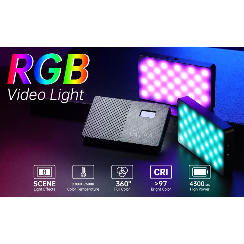 GVM RGB LED 카메라 조명 풀 컬러 출력 비디오 조명, 조광 가능 YouTube DSLR 카메라 캠코더용 2700K-7500K 라이트 패널 사진 조명, 8가지 일반 조명 효과, 내장 충전식 배터리