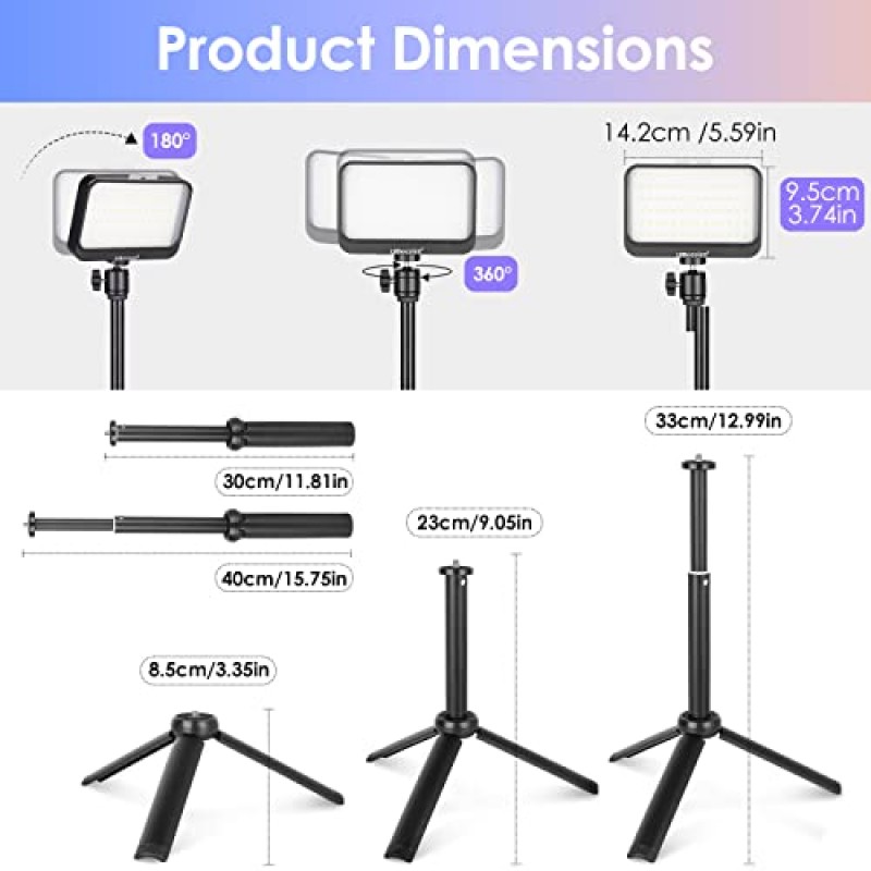 UBeesize UB-40INSDKBK 사진 조명 키트, 테이블탑/로우 앵글 촬영용 미니 삼각대 및 컬러 필터가 포함된 2팩 6000K LED 비디오 조명, 비디오 녹화, 게임 스트리밍용 USB 스튜디오 조명