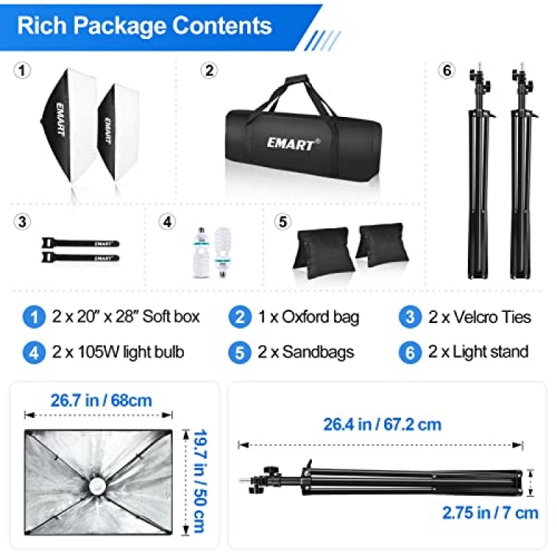 샌드백이 포함된 EMART 소프트박스 조명 키트, 2x105W E27 5500K 전구가 포함된 20