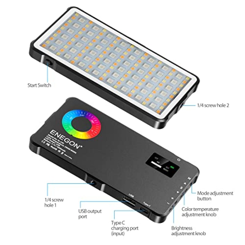 ENEGON RGB 비디오 조명, 내장 4000mAh 충전식 배터리 LED 카메라 조명 풀 컬러 24가지 일반 조명 효과, CRI≥95 2500-9000K 동영상 블로깅, 사진용 휴대용 LED 비디오 조명 패널