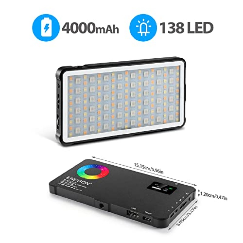 ENEGON RGB 비디오 조명, 내장 4000mAh 충전식 배터리 LED 카메라 조명 풀 컬러 24가지 일반 조명 효과, CRI≥95 2500-9000K 동영상 블로깅, 사진용 휴대용 LED 비디오 조명 패널