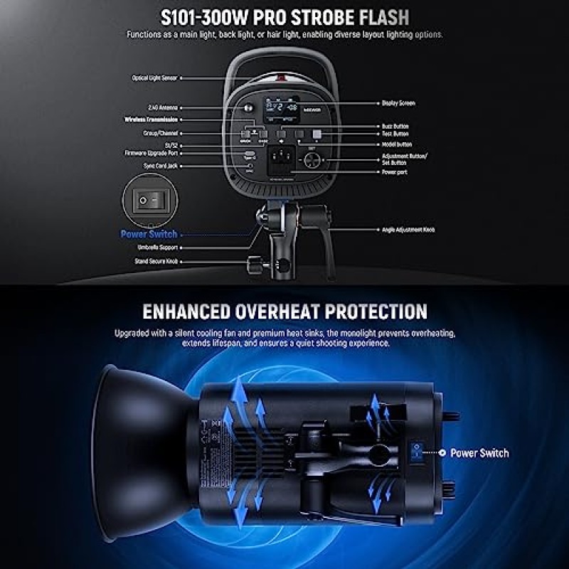 NEEWER S101-300W PRO 스튜디오 모노라이트, 2.4G Q 트리거, 모든 금속 300Ws GN58 5600K 스트로브 플래시, 조정 가능한 모델링 램프/제품 초상화 웨딩 사진용 보웬스 마운트 포함