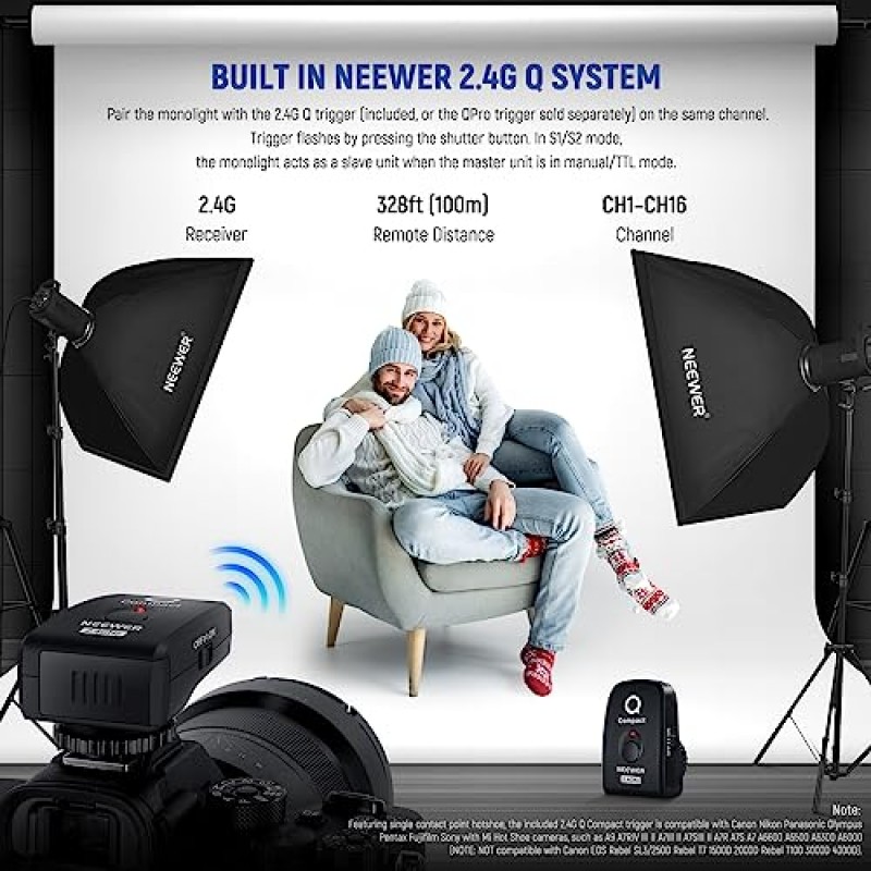 NEEWER S101-300W PRO 스튜디오 모노라이트, 2.4G Q 트리거, 모든 금속 300Ws GN58 5600K 스트로브 플래시, 조정 가능한 모델링 램프/제품 초상화 웨딩 사진용 보웬스 마운트 포함