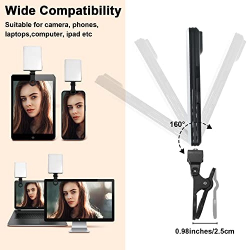 GreatLPT 휴대폰 필 라이트, 휴대폰용 클립 필 비디오 라이트 2000Mah 충전식, 10단계 밝기 조정, CRI 95+, 3가지 조명 모드 조광 가능, 휴대용 화상 회의 조명