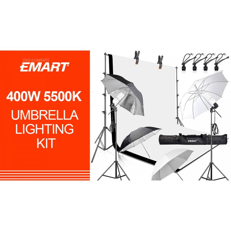 EMART 8.5x10ft 사진 배경 키트, 400W 5500K 일광 우산 연속 조명 세트, 사진 스튜디오 제품, 사진 촬영, 인물 촬영을 위한 흑백 배경