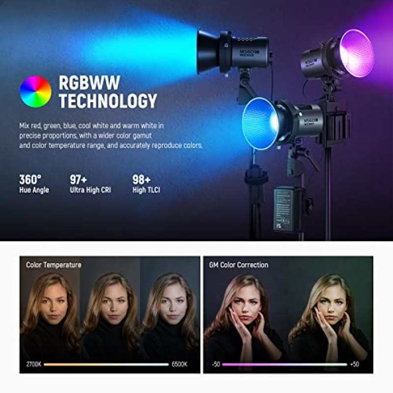 NEEWER MS60C RGBWW LED 비디오 조명, 2.4G/APP 제어, 65W 금속 미니 RGB COB 연속 출력 조명 Bowens 마운트 휴대용 스포트라이트 2700K-6500K,8300lux/1m, CRI 97+/TLCI 98+,17 효과 + RGBCW