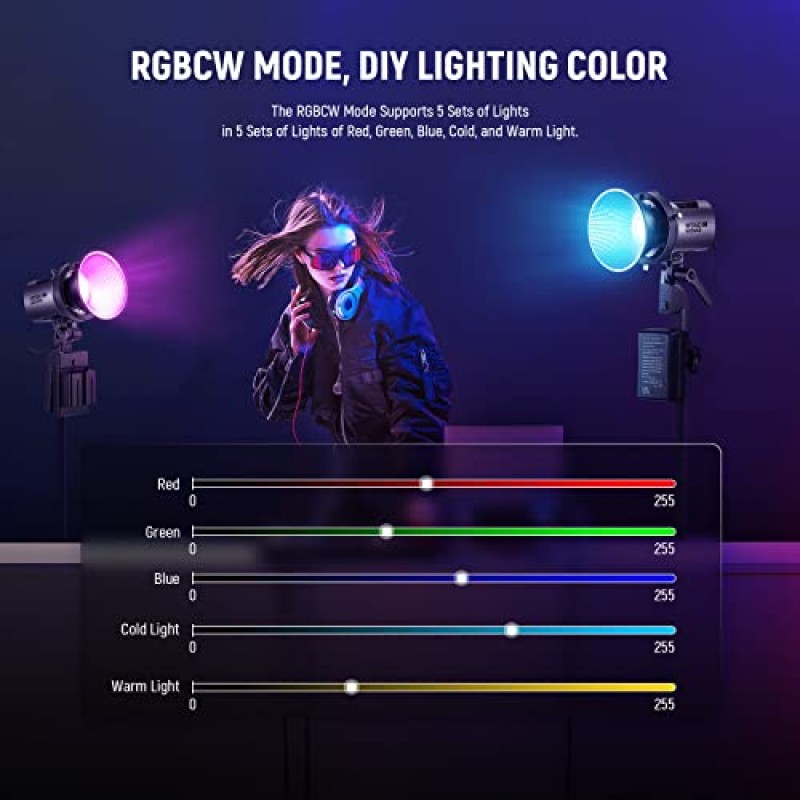 NEEWER MS60C RGBWW LED 비디오 조명, 2.4G/APP 제어, 65W 금속 미니 RGB COB 연속 출력 조명 Bowens 마운트 휴대용 스포트라이트 2700K-6500K,8300lux/1m, CRI 97+/TLCI 98+,17 효과 + RGBCW