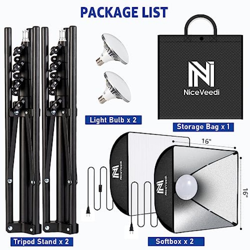 소프트박스 조명 키트, NiceVeedi 2팩 16' x 16' 소프트박스 사진 조명 키트, 63인치 삼각대 스탠드 및 50W/5400K LED 전구, 사진/비디오 녹화/라이브 스트리밍을 위한 연속 조명