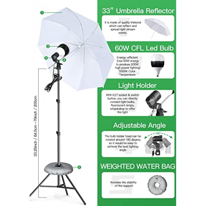 사진용 소프트박스 조명 키트, 6.5 x 10피트 배경 스탠드 시스템 및 E27 60W 5500K CFL 전구 소프트박스 및 우산 녹색/흰색/검은색 배경의 연속 사진 조명