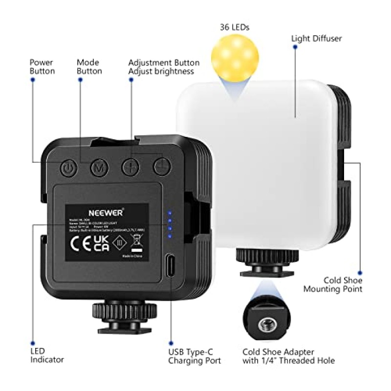 NEEWER LED 비디오 조명, 휴대용 이중 색상 3200K~5600K 조도 조절이 가능한 카메라 소프트 조명, 3개의 차가운 신발, CRI 97+, 8가지 장면 모드, 게임/유튜브/Vlog/사진용 2000mAh 충전식 배터리 - NL-36AI