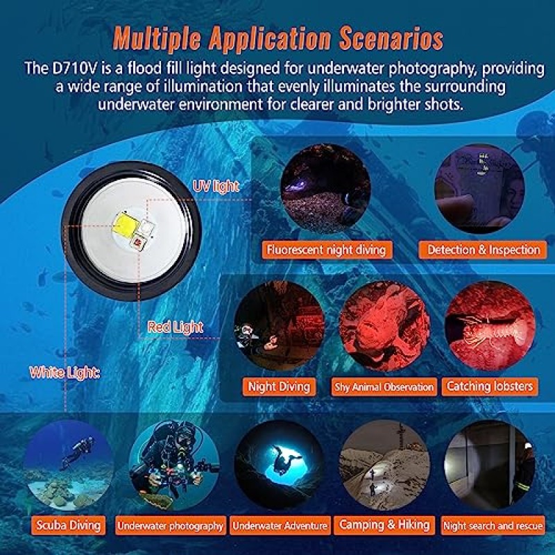 ORCATORCH D710V 수중 비디오 조명 - 2000루멘, 3색 광원(흰색, 빨간색, 보라색), 다이빙 사진 필라이트 및 야간 형광등 다이빙을 위한 120도 와이드 빔 스쿠버 손전등