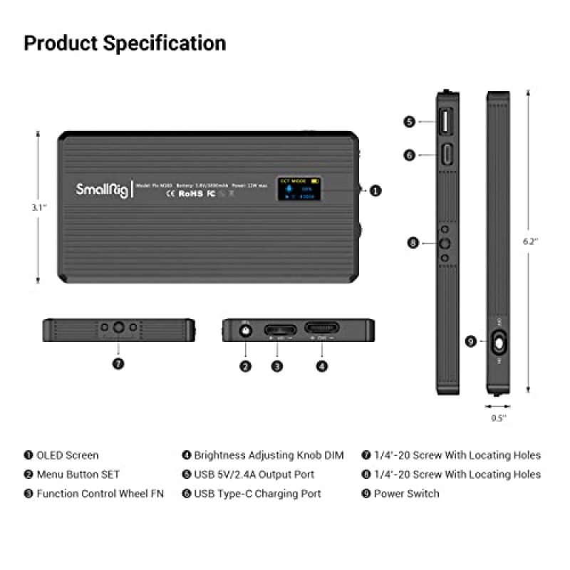 SmallRig Pix M160 RGB 비디오 조명, 12W RGBWW LED 카메라 라이트 패널, 사진용 360° 풀 컬러 휴대용 조명, 3800mh 배터리, CRI 95+,TLCI 98, 블로깅, 사진, 비디오용, 알루미늄 본체 – 3157