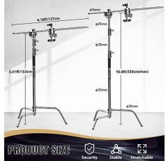 LOMTAP C 스탠드 라이트 스탠드 사진 키트 - 견고한 10.8피트/330cm 수직 폴, 4.2피트/128cm 붐 암, 업그레이드된 조절 가능 베이스, 워터 샌드백, 그립 헤드 2개, 클립 3개 - 스테인리스 금속 센추리 스탠드