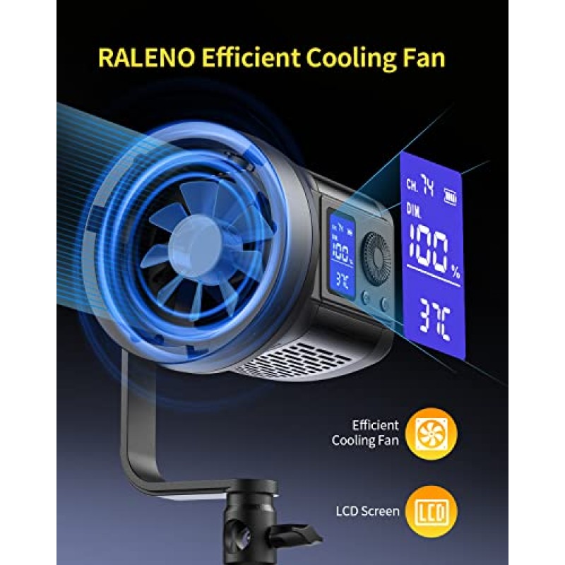 RALENO 80W LED 비디오 조명, 7200Lux 5600K CRI95+를 갖춘 연속 출력 조명, 효율성 냉각 팬 및 Bowens 마운트가 있는 스튜디오 조명, YouTube 야외 비디오 녹화를 위한 사진 조명