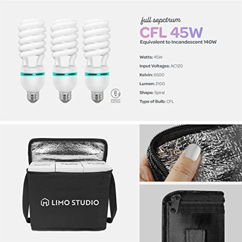 LimoStudio, 700W 출력 조명 시리즈, LMS103, 흰색 및 검정색 우산 반사판용 소프트 연속 조명 키트(액세서리 및 휴대용 가방 포함)