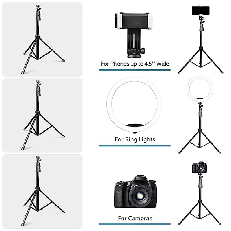 삼각대 스탠드와 휴대폰 홀더가 포함된 Eicaus 12인치 링 라이트, 62인치 휴대폰과 스탠드가 포함된 셀카 LED 조명, 사진용 원형 링라이트, TIK Tok 및 YouTube, iPhone, Android 및 카메라와 호환 가능