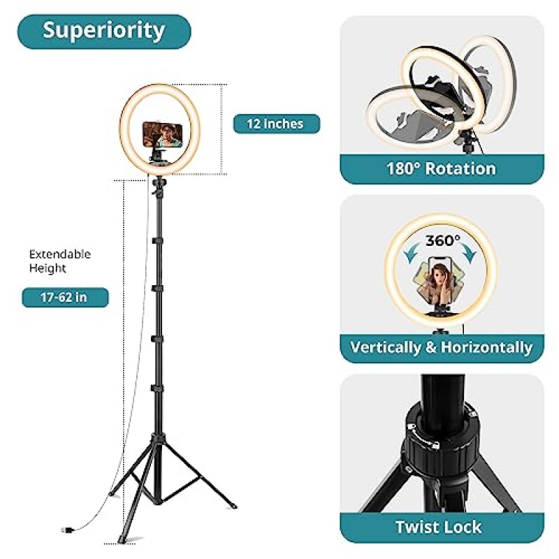 삼각대 스탠드와 휴대폰 홀더가 포함된 Eicaus 12인치 링 라이트, 62인치 휴대폰과 스탠드가 포함된 셀카 LED 조명, 사진용 원형 링라이트, TIK Tok 및 YouTube, iPhone, Android 및 카메라와 호환 가능
