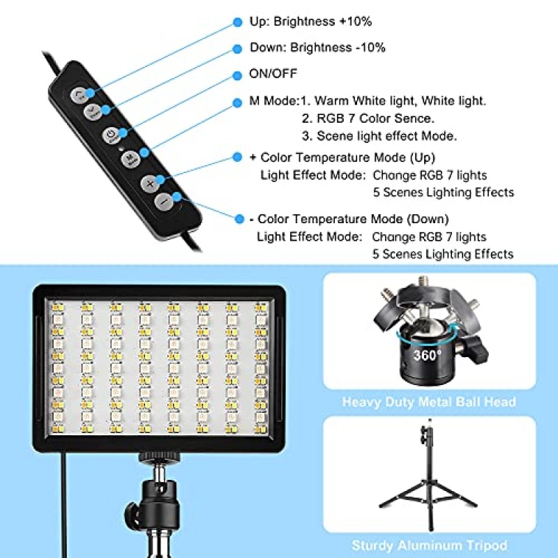 카메라용 LED 비디오 조명, 조정 가능한 삼각대 스탠드/원격이 포함된 RGB 사진 조명 키트(2팩), 데스크탑 촬영/스트리밍/화상 회의/스튜디오 촬영용 밝기 조절 가능 6500K