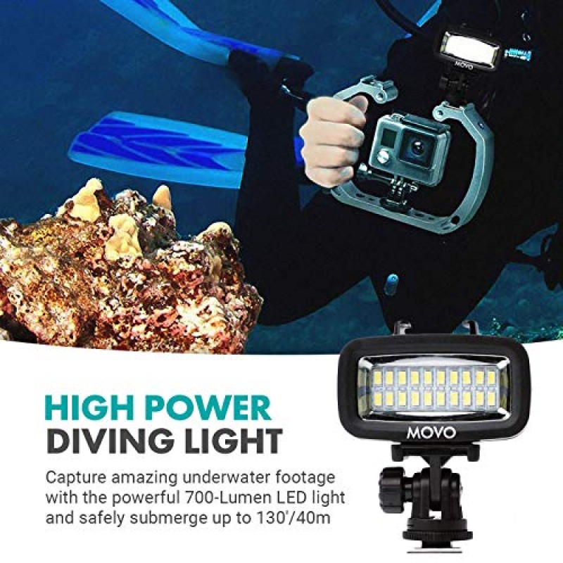 Movo LED-WP 수중 고출력 충전식 LED 비디오 조명(액션 카메라 및 신발 마운트 포함), GoPro, DSLR과 호환 가능 - 동영상 블로깅, 여행, 스쿠버 다이빙, 스노클링, 서핑, 스포츠에 적합