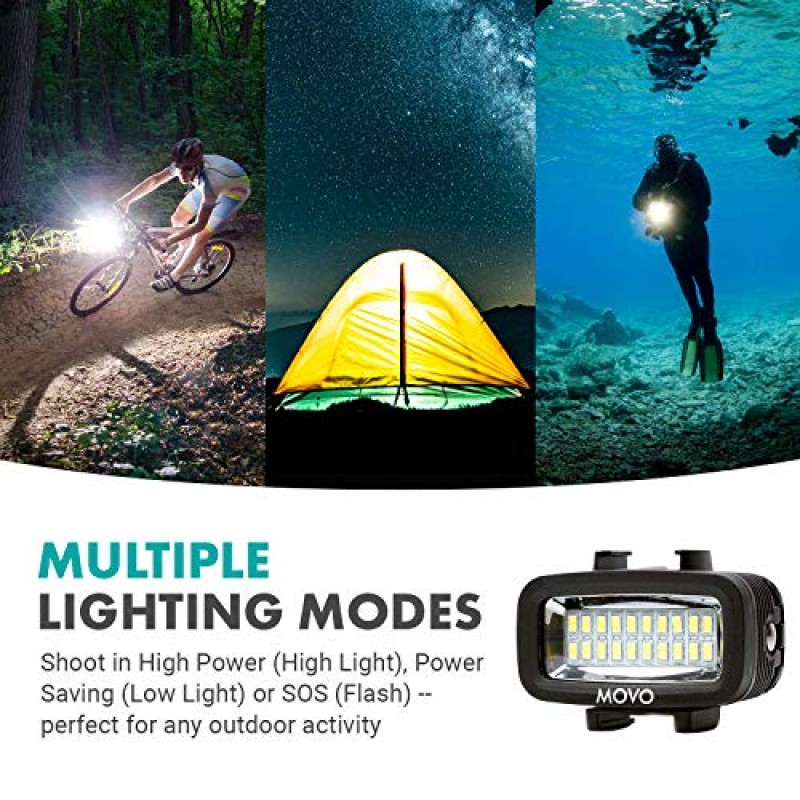 Movo LED-WP 수중 고출력 충전식 LED 비디오 조명(액션 카메라 및 신발 마운트 포함), GoPro, DSLR과 호환 가능 - 동영상 블로깅, 여행, 스쿠버 다이빙, 스노클링, 서핑, 스포츠에 적합