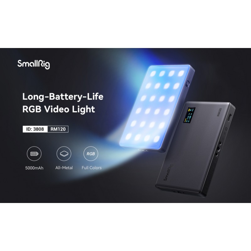 SmallRig RM120 RGB 비디오 조명, 5000mAh 180분 휴대용 카메라 조명 7W 출력, LED 비디오 조명 패널, TikTok용 2500-8500K CRI TLCI 98+, 콘텐츠 제작자, 사진작가 3808