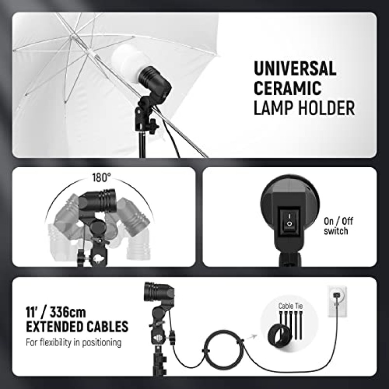 NEEWER 600W 사진 조명 키트, (2)흰색 우산, (2)검은색 우산, (3)24W LED 전구, (3)라이트 스탠드, (2)가방, (5)케이블 타이, (3)가 포함된 백열 등가 스튜디오 키트 E26 소켓 베이스, NK500