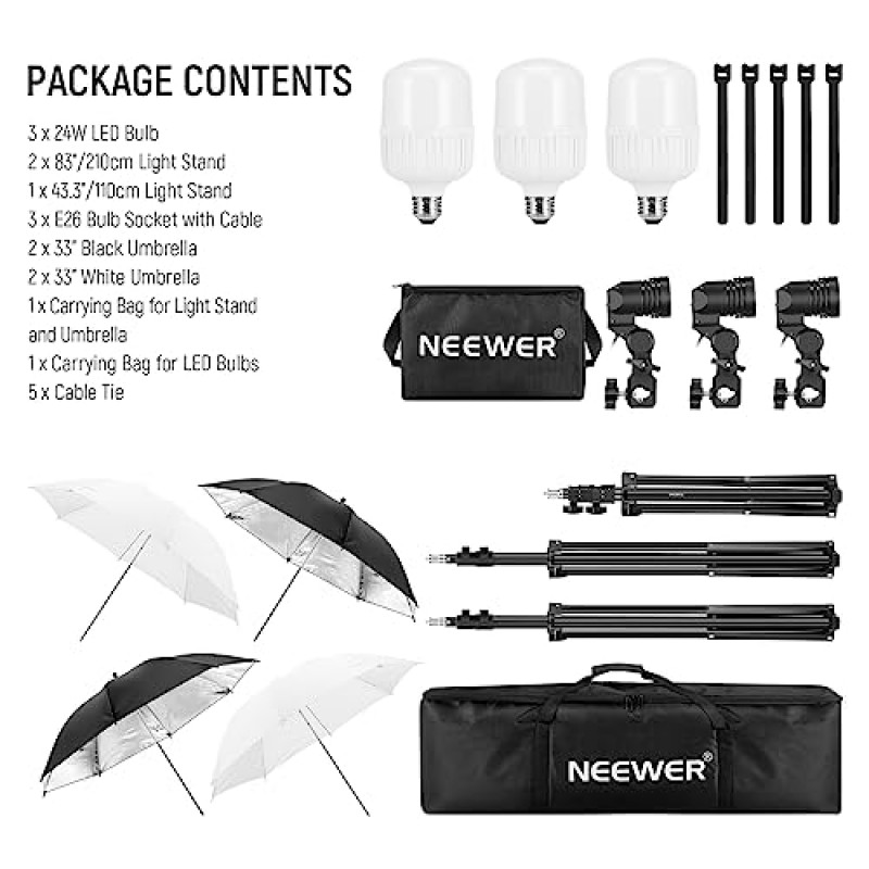 NEEWER 600W 사진 조명 키트, (2)흰색 우산, (2)검은색 우산, (3)24W LED 전구, (3)라이트 스탠드, (2)가방, (5)케이블 타이, (3)가 포함된 백열 등가 스튜디오 키트 E26 소켓 베이스, NK500