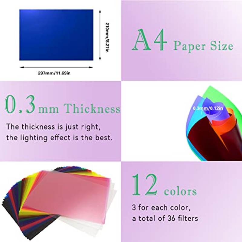 36팩 WEINIDASI 컬러 보정 젤 라이트 필터, 투명 컬러 필터 필름, 컬러 투명 시트, 컬러 보정, 램프용 필름, 헤드라이트, 사진 스튜디오 스트로브, LED, 헤드라이트 필름