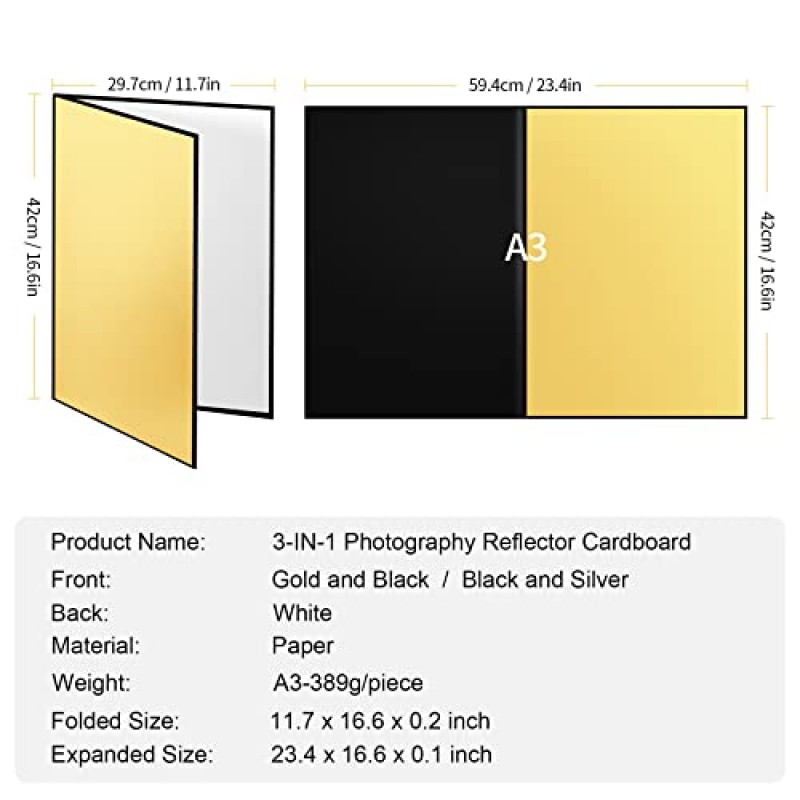 Meking 17x12 인치 3 in 1 조명 반사경 사진 카드보드, 정물 제품 및 음식 사진 촬영을 위한 스튜디오 접이식 조명 확산기 보드 - 골드 실버 및 블랙, 화이트 2팩