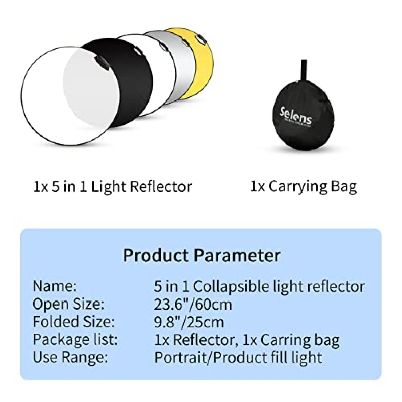 Selens 휴대용 5-in-1 24인치(60cm) 핸들 원형 반사경 접이식 멀티 디스크(사진용 운반 케이스 포함) 사진 스튜디오 조명 및 야외 조명, 사진 멀티 디스크 사진 반사경