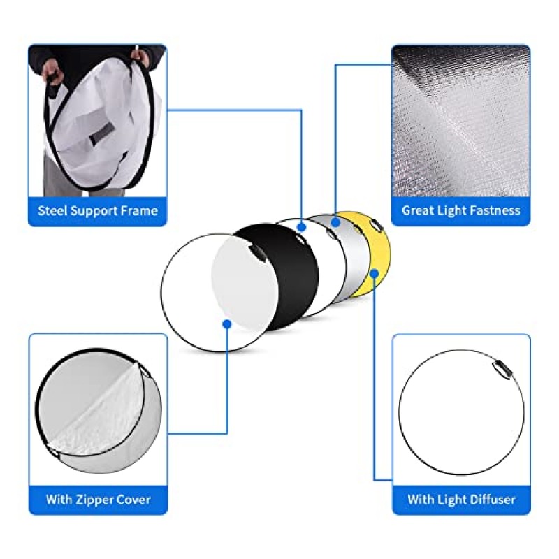 Selens 휴대용 5-in-1 24인치(60cm) 핸들 원형 반사경 접이식 멀티 디스크(사진용 운반 케이스 포함) 사진 스튜디오 조명 및 야외 조명, 사진 멀티 디스크 사진 반사경
