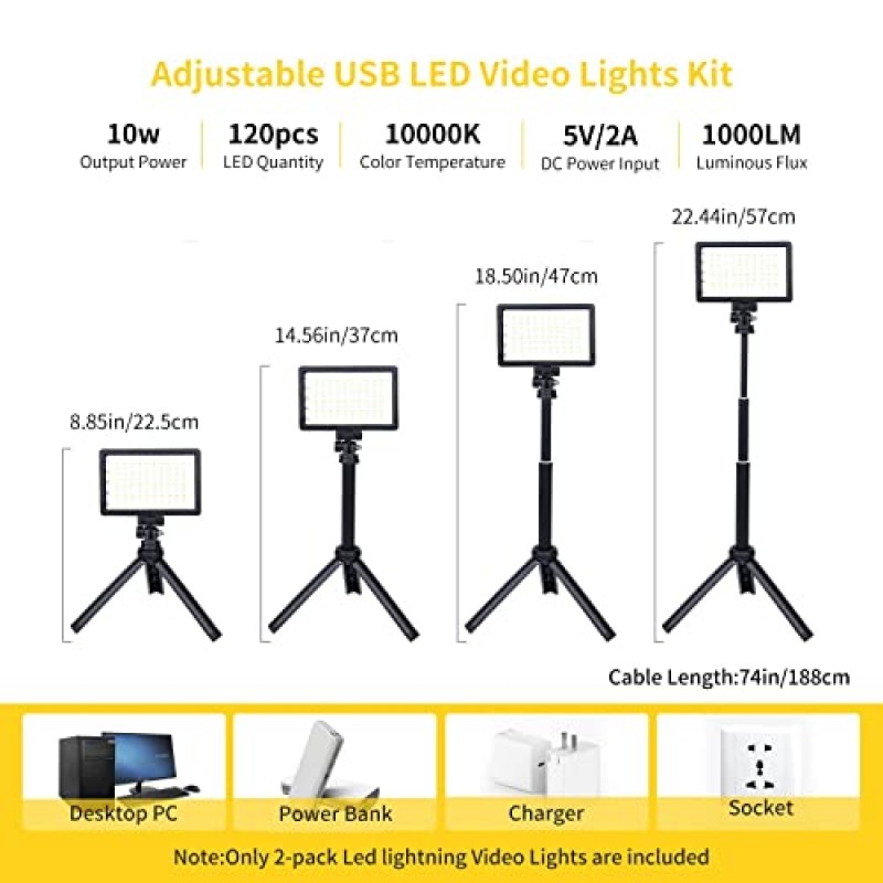 카메라용 LED 비디오 조명 키트, 조정 가능한 삼각대 스탠드가 포함된 조도 조절이 가능한 10000K 2팩 사진 조명 9색 필터, 탁상 촬영용 USB LED 필 조명, 비디오 녹화 회의 YouTube