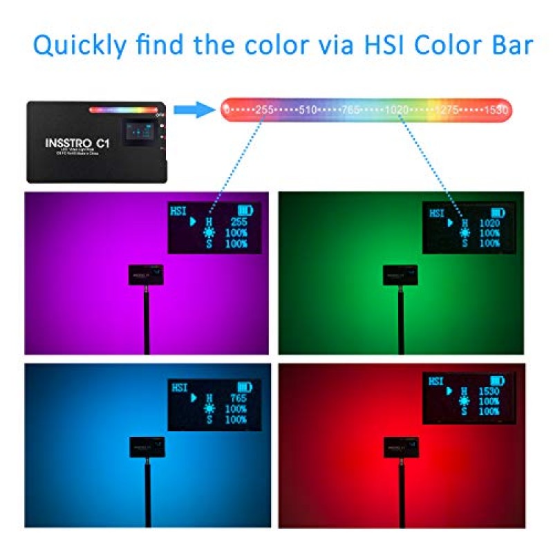 INSSTRO C1 RGB LED 비디오 조명, 카메라 캠코더용 풀 컬러 RGB 조명, 2500k-8500k 색상 범위의 충전식 포켓 크기 비디오 조명, 프리미엄 알루미늄 합금 쉘을 사용한 10가지 장면 시뮬레이션