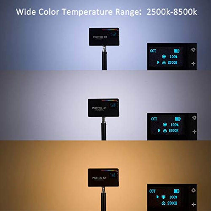 INSSTRO C1 RGB LED 비디오 조명, 카메라 캠코더용 풀 컬러 RGB 조명, 2500k-8500k 색상 범위의 충전식 포켓 크기 비디오 조명, 프리미엄 알루미늄 합금 쉘을 사용한 10가지 장면 시뮬레이션