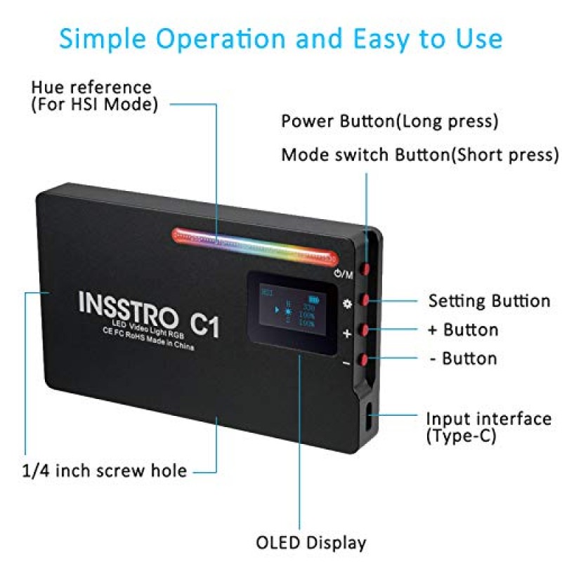 INSSTRO C1 RGB LED 비디오 조명, 카메라 캠코더용 풀 컬러 RGB 조명, 2500k-8500k 색상 범위의 충전식 포켓 크기 비디오 조명, 프리미엄 알루미늄 합금 쉘을 사용한 10가지 장면 시뮬레이션