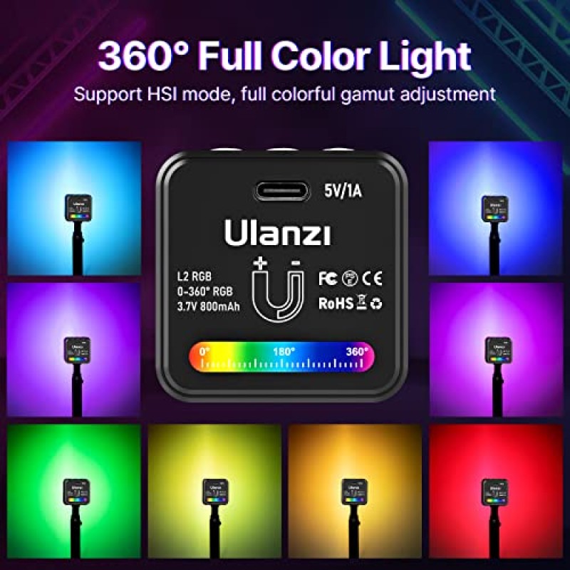 ULANZI L2 RGB COB 비디오 조명 미니 큐브 조명, LED 카메라 조명 360° 풀 컬러 휴대용 사진 비디오 조명, 800mAh 충전식 및 자기 디자인 및 11가지 동적 조명 효과