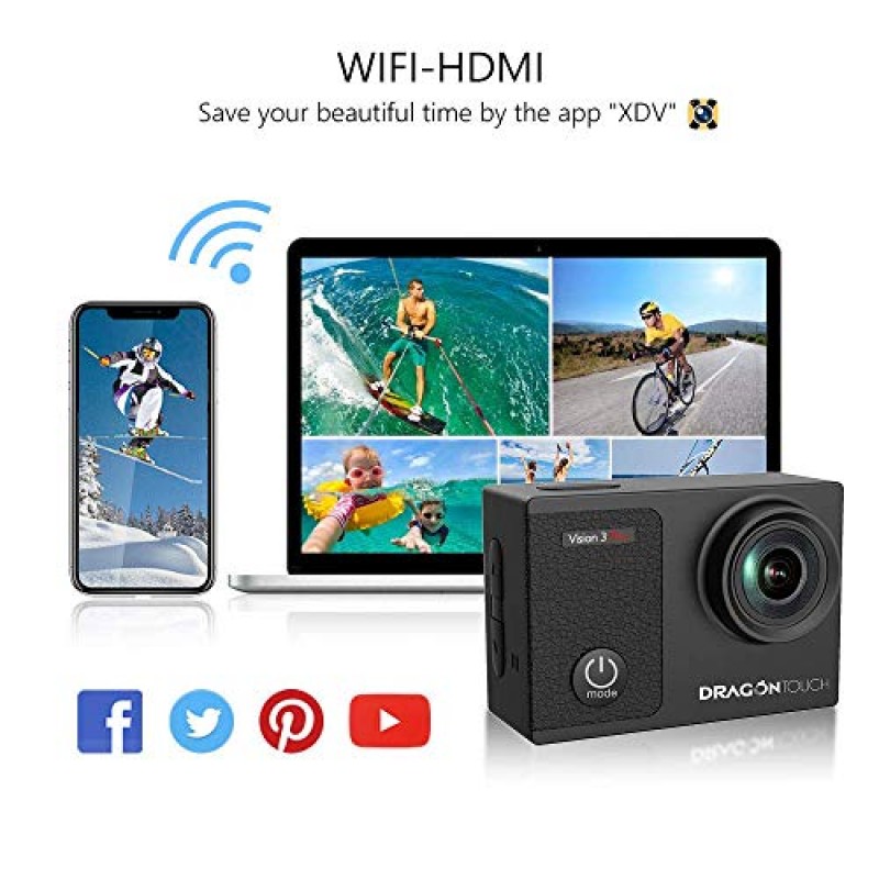 Dragon Touch 4K 수중 HD 액션 카메라, Vision 3 Pro 터치 스크린 20MP 100FT 방수 비디오 카메라 조정 가능한 시야각 WiFi 스포츠 캠코더(원격 제어 헬멧 액세서리 포함)