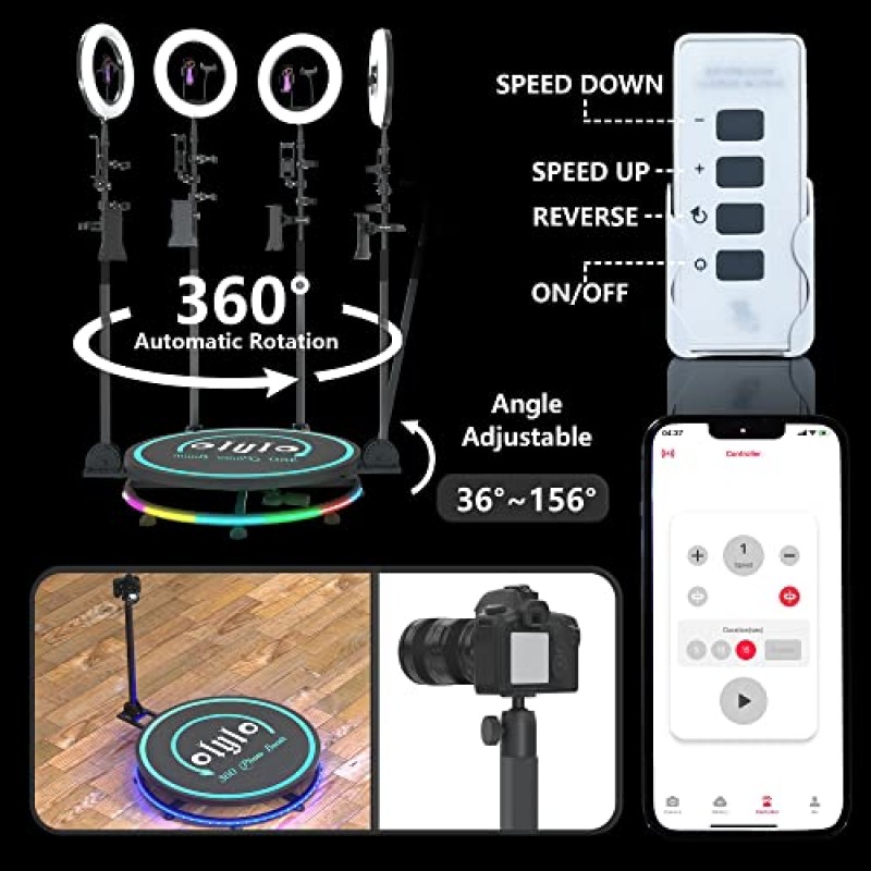 링 라이트, 트롤리, 무료 로고 사용자 정의, 앱 원격 제어 자동 슬로우 모션 360 스핀 카메라 비디오 부스에 7명이 서 있는 파티용 소프트웨어가 포함된 OLYLO 360 사진 부스 기계 115cm