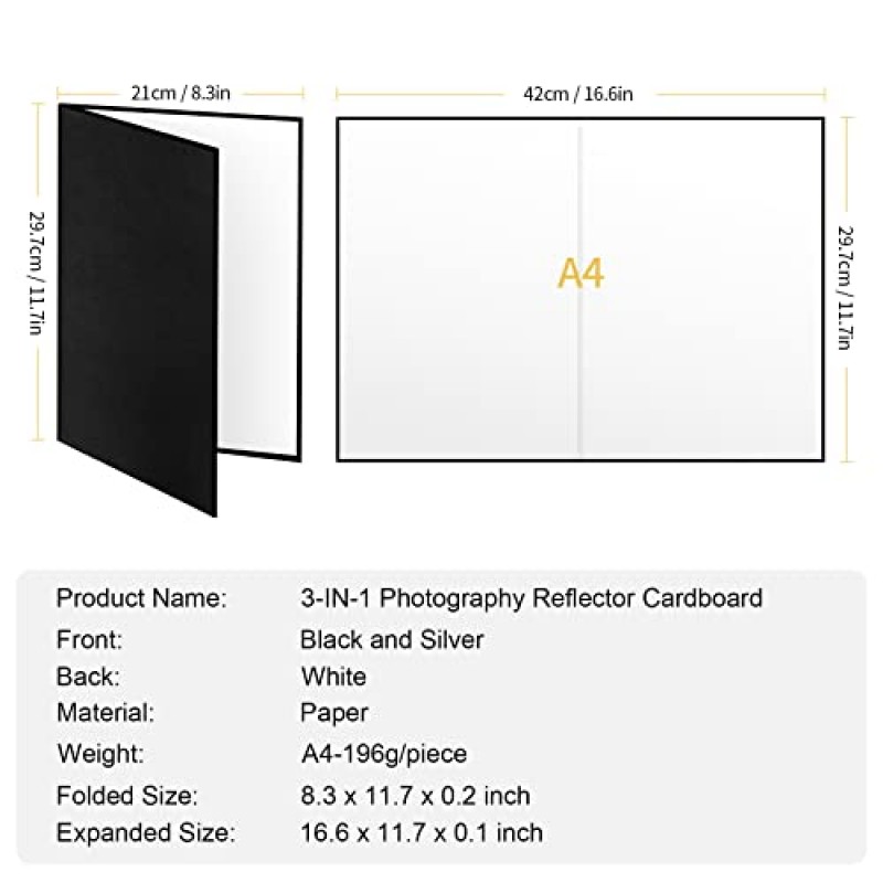 Meking 3 in 1 사진 반사판 카드보드, 정물화, 제품 및 음식 사진 촬영을 위한 12 x 8인치 접이식 광 확산기 보드 - 검정, 은색 및 흰색, 2팩