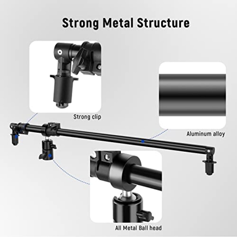 NEEWER 확장형 반사경 홀더 암, 사진 스튜디오 텔레스코픽 27.9인치 ~ 47.2인치 붐 암 제품 및 인물 사진용 360도 회전 반사경 브래킷, 스튜디오 및 야외 사진 촬영에 이상적