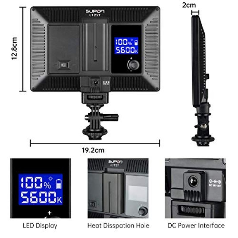 SUPON L122T 초박형 LED 비디오 조명 패널(LCD 디스플레이 포함), 밝기 조절이 가능한 이중 색상 3300K-5600K, YouTube, 스튜디오, 야외 촬영, 인물 사진, 결혼식을 위한 CRI95+ 부드러운 조명(AC 어댑터 및 배터리 포함)