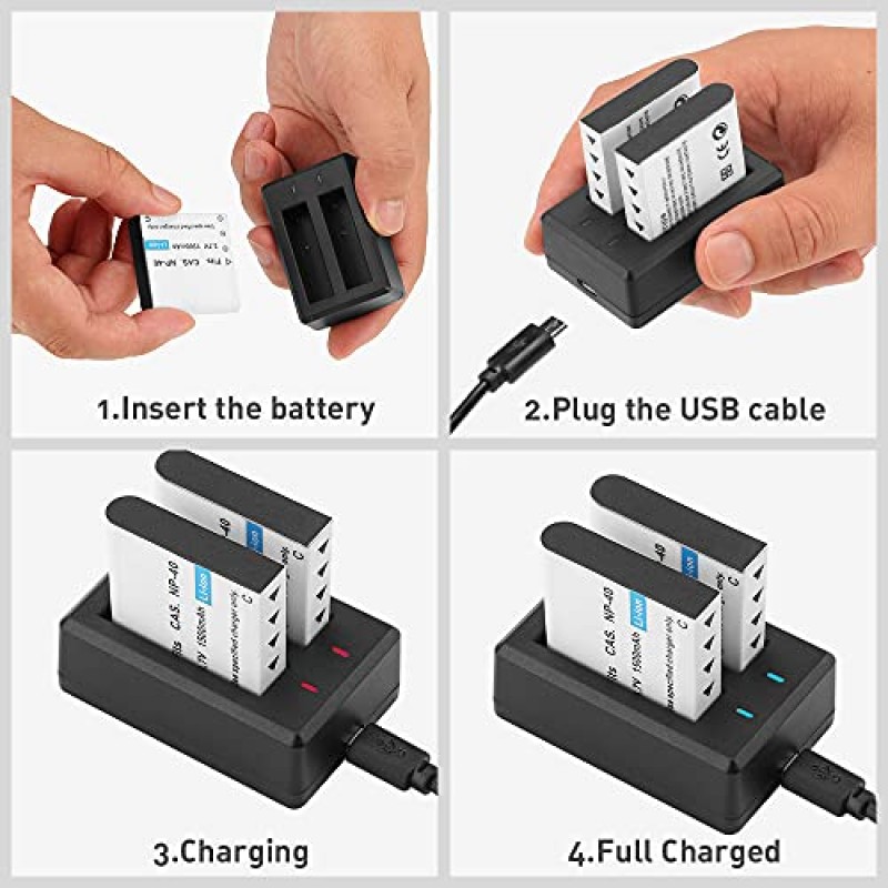 GEEKAM NP-40 배터리 팩, 1500mAh 충전식 배터리(3팩), 비디오 카메라 캠코더용 USB 듀얼 충전기 포함