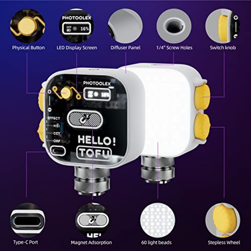 PHOTOOLEX 두부 RGB 비디오 조명, LED 카메라 조명 360° 풀 컬러 휴대용 사진 조명, 2000mAh 충전식 CRI 96+/21 장면 모드/2500-9900K 조광 가능 패널 램프 지원 자기 매력