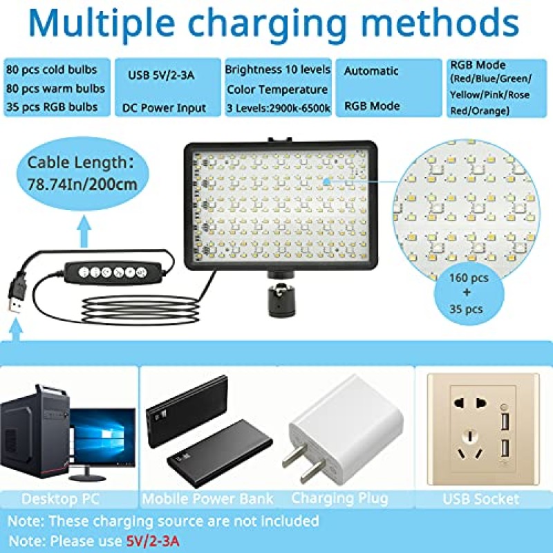 WEWOGA 2 팩 RGB LED 비디오 라이트 키트 USB 사진 조명 조도 조절이 가능한 카메라 라이트 패널 회의 조명 Vlog 사진 조명 (조정 가능한 삼각대 스탠드 키트 포함) 사진 촬영과 호환 가능 YouTube Vlogging