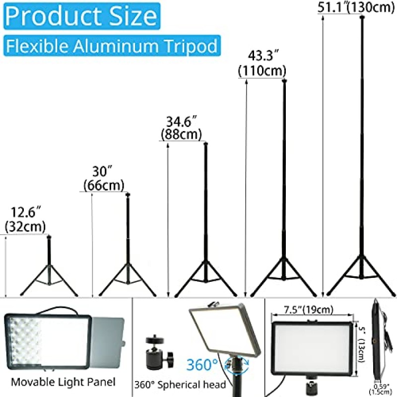 WEWOGA 2 팩 RGB LED 비디오 라이트 키트 USB 사진 조명 조도 조절이 가능한 카메라 라이트 패널 회의 조명 Vlog 사진 조명 (조정 가능한 삼각대 스탠드 키트 포함) 사진 촬영과 호환 가능 YouTube Vlogging