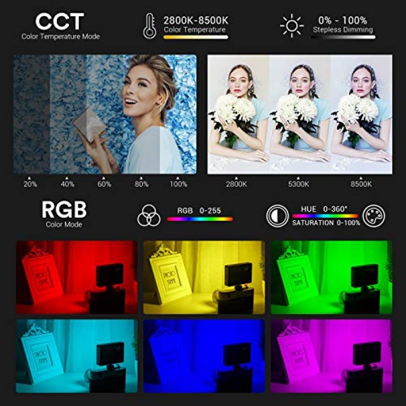 INSSTRO C2 미니 RGB LED 비디오 조명, 카메라 캠코더용 디퓨저가 포함된 0-360 풀 컬러 RGB 조명, 2500k-8500k 색상 범위의 충전식 포켓 크기 비디오 조명, CCT/HSI/RGB 및 SECEN 모드 지원