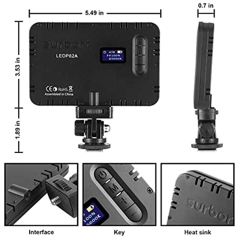 SURBORT 카메라 조명/비디오 조명, 초박형 LED 휴대용 사진 조명, 2색 조광 가능 버튼 조명, 보조 램프, 내장 LCD 디스플레이, 충전식 4000mAh 배터리+카메라 핫슈 마운트