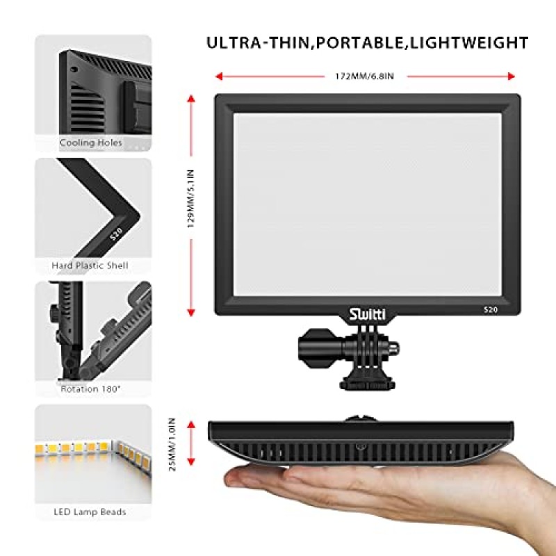 Switti S20 카메라 조명, DSLR 카메라/캠코더에 장착되는 LED 조명, 사진용 휴대용 비디오 조명 패널, YouTube 비디오, Vlog 조명| 3200K-5600K, CRI95+